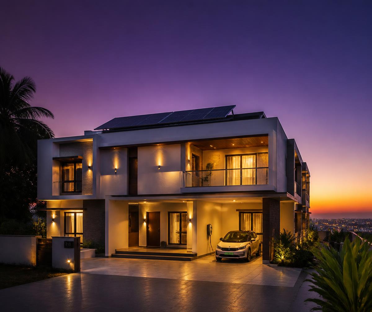 Modern South Indian home at dusk with solar panels, warm-lit windows, and an EV charging by the porch